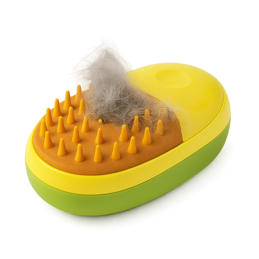 Brosse vapeur 3-en-1 chien et chat — Steamy™ — Vert & Jaune — front-three-quarter