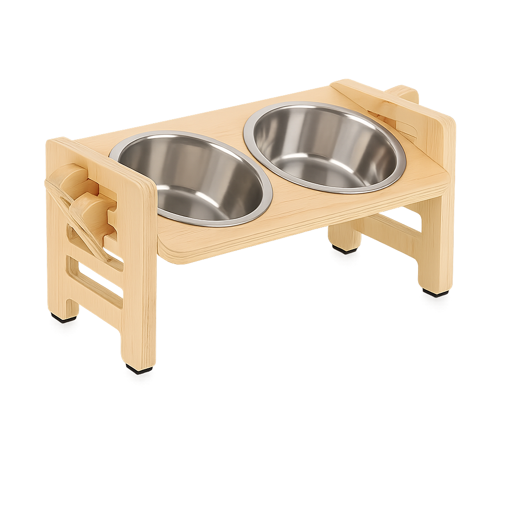 Gamelles surélevées inclinables acier inox sur support bois — Bambowl™ — puppy bowls — front-three-quarter