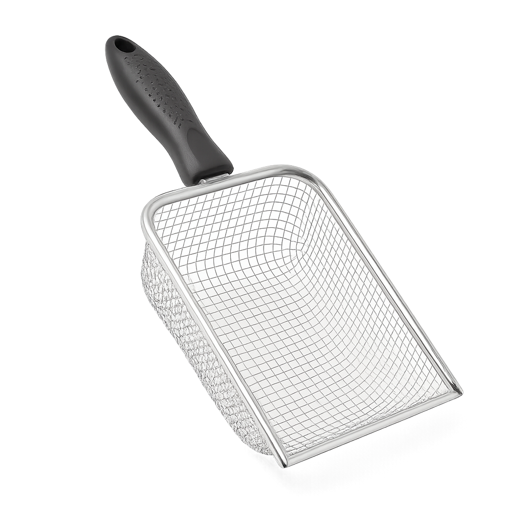 Pelle litière inox auto-tamis pour litière agglomérante — Scoopy™ — Mesh5.0X5.0mm — front-three-quarter